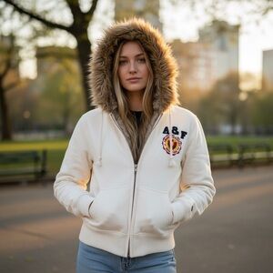Abercrombie & Fitch Women's Off-White Bomber Jacket with Faux Fur Trim